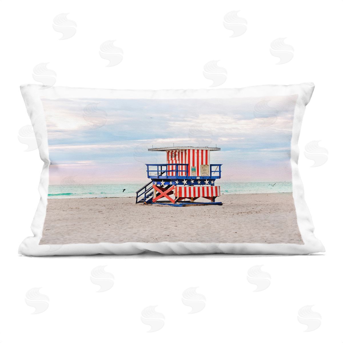 Seven Trees Design Patriotic Lifeguard Hut Printed Plush Polyester Throw Pillow