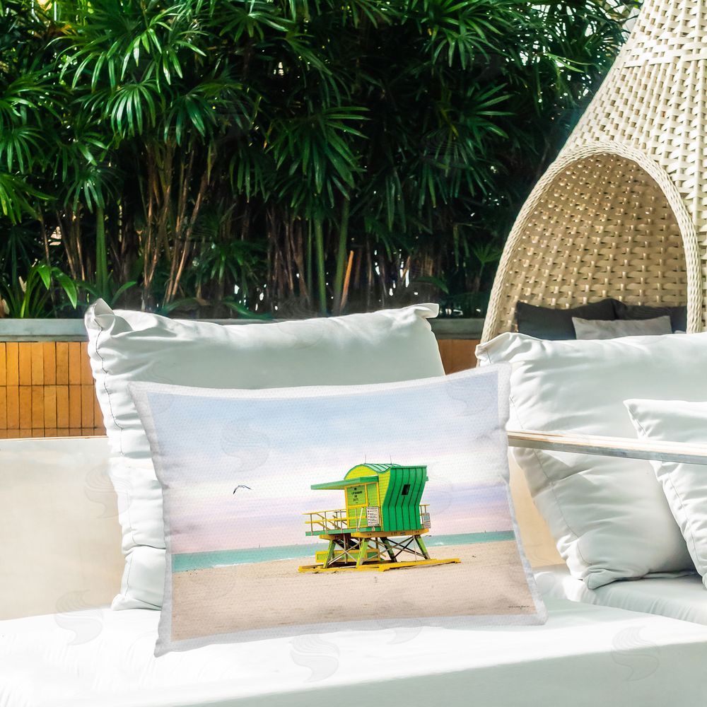 Seven Trees Design Lime Green Lifeguard Hut Outdoor Quick-Dry Polyester Printed Throw Pillow in Back Yard