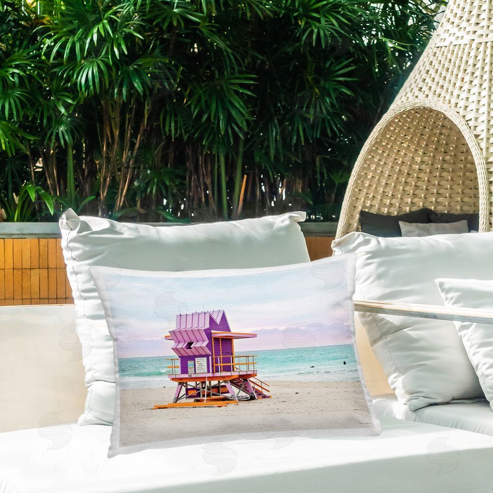 Seven Trees Design Purple Lifeguard Building Outdoor Quick-Dry Polyester Printed Throw Pillow in Back Yard
