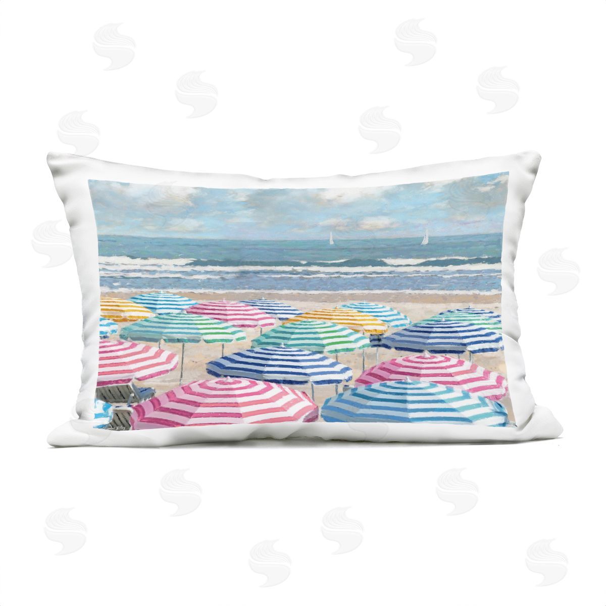 Amber Sterling Shore with Bright Umbrellas Outdoor Quick-Dry Polyester Printed Throw Pillow
