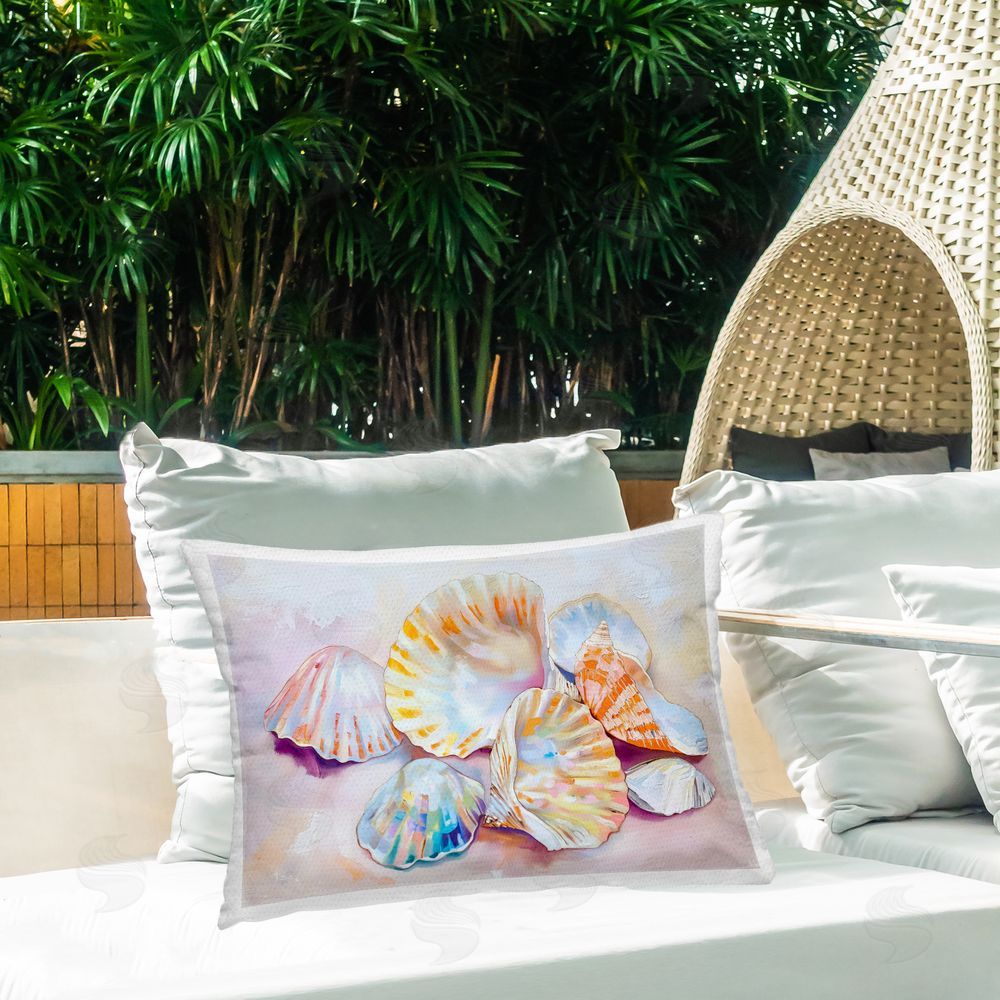 Arlington Prints Pile of Various Seashells Outdoor Quick-Dry Polyester Printed Throw Pillow in Back Yard