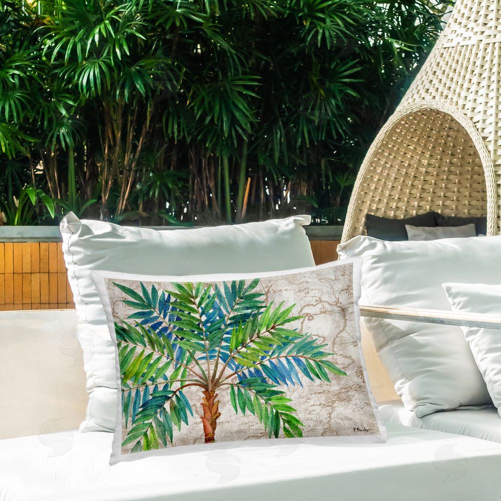 Paul Brent Aqueous Palm Tree Outdoor Quick-Dry Polyester Printed Throw Pillow in Back Yard