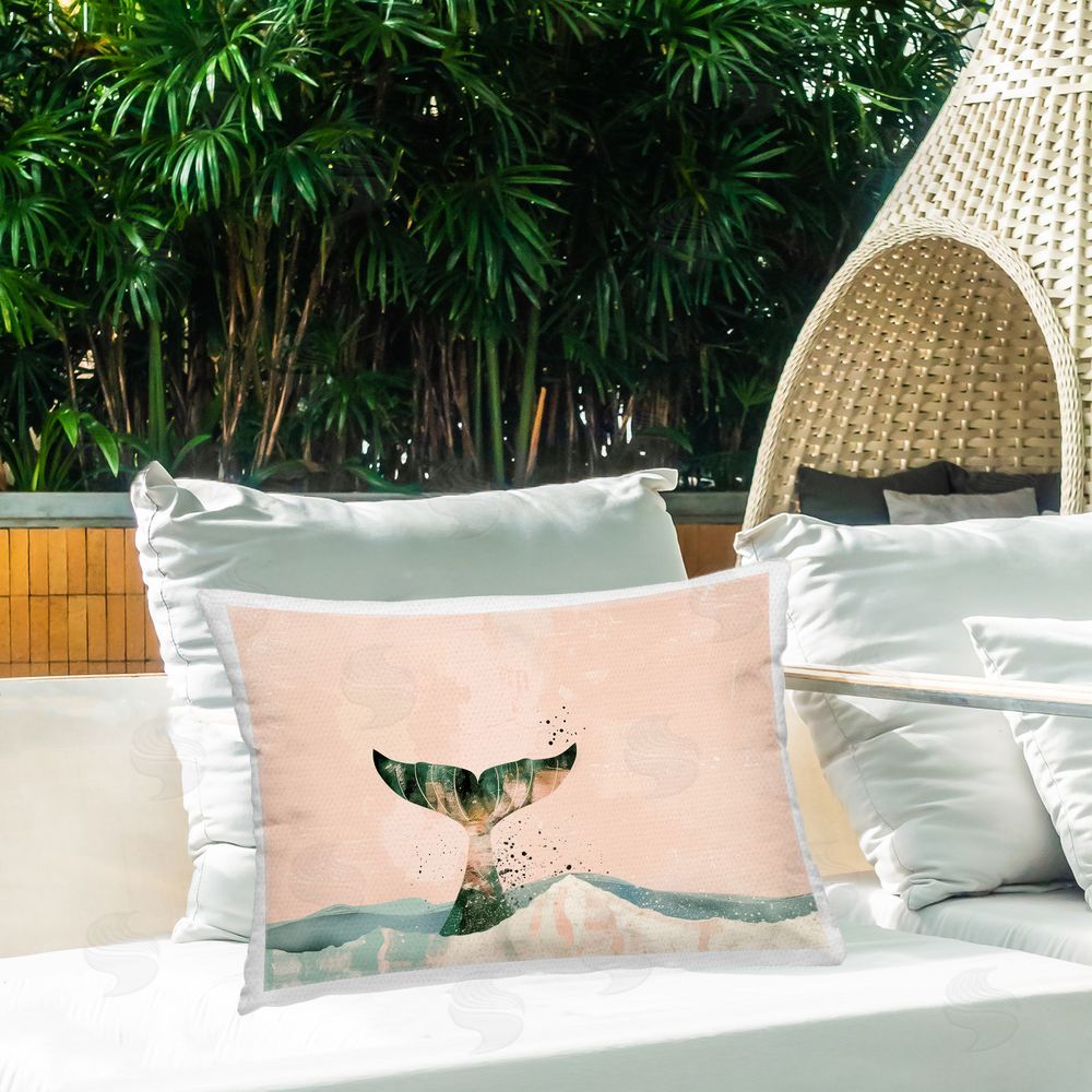 Arlington Prints Pink Abstract Whale Tail Outdoor Quick-Dry Polyester Printed Throw Pillow in Back Yard