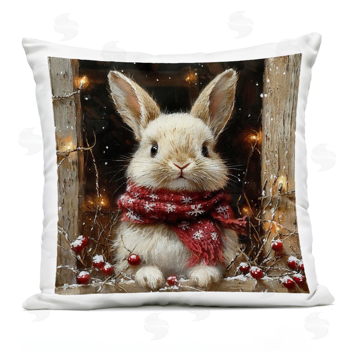 Riley B Bunny with Snowy Holly Berries Outdoor Quick-Dry Polyester Printed Throw Pillow