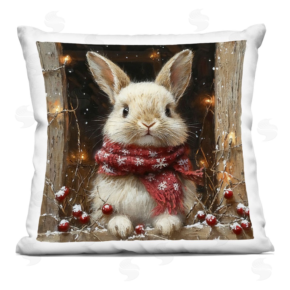 Riley B Bunny with Snowy Holly Berries Printed Plush Polyester Throw Pillow