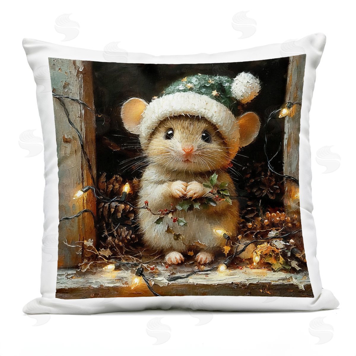 Riley B Barn Mouse with Christmas Lights Outdoor Quick-Dry Polyester Printed Throw Pillow