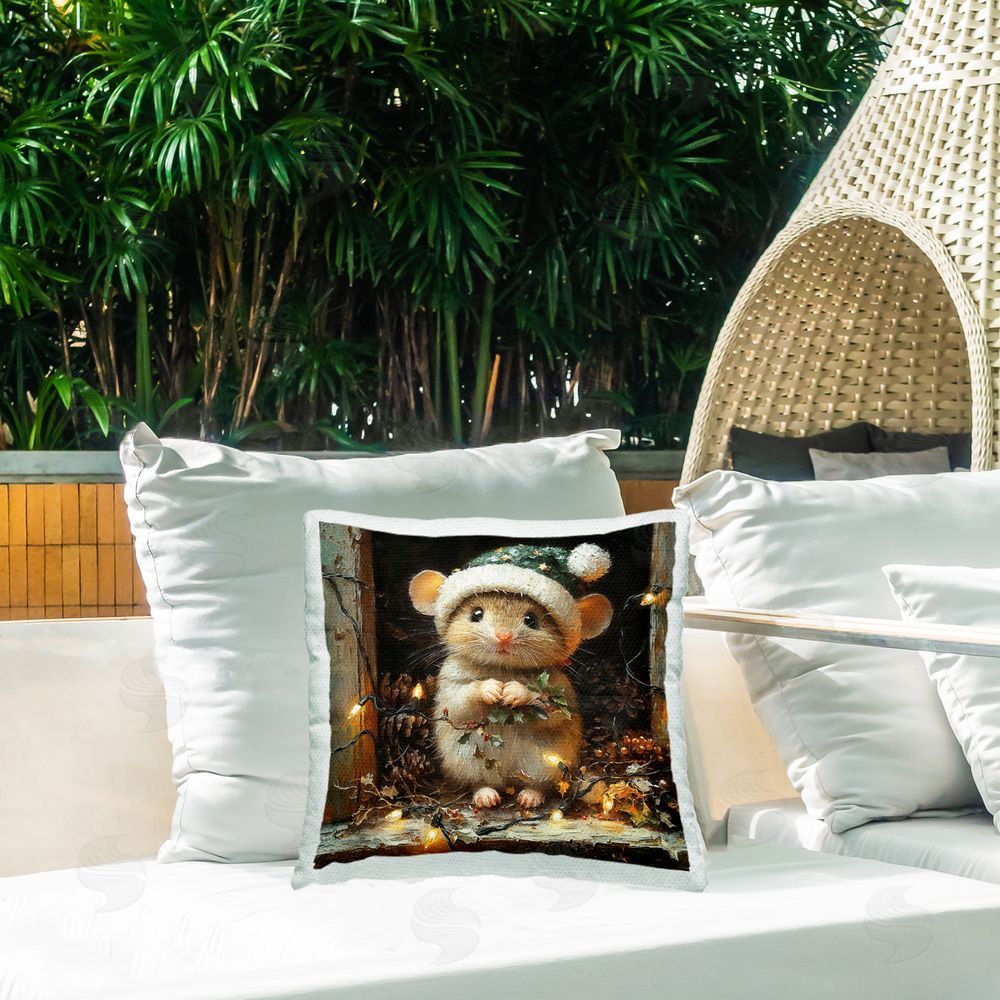 Riley B Barn Mouse with Christmas Lights Outdoor Quick-Dry Polyester Printed Throw Pillow in Back Yard