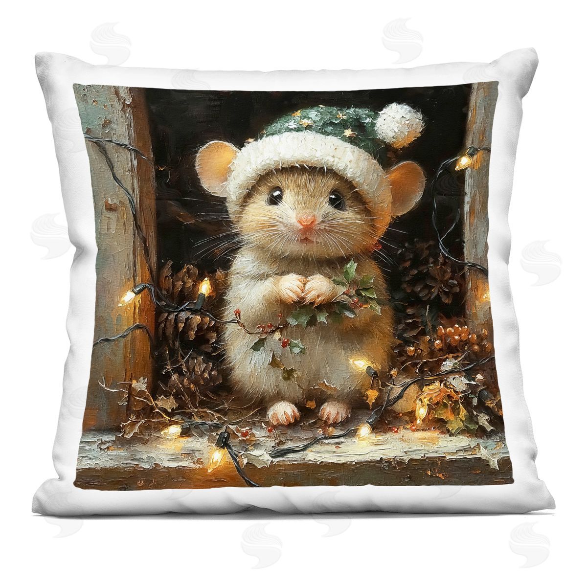Riley B Barn Mouse with Christmas Lights Printed Plush Polyester Throw Pillow