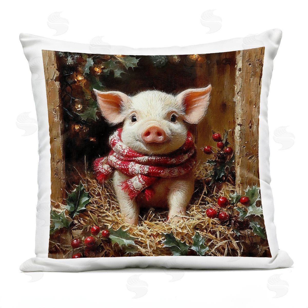 Riley B Pig with Holiday Garlands Outdoor Quick-Dry Polyester Printed Throw Pillow
