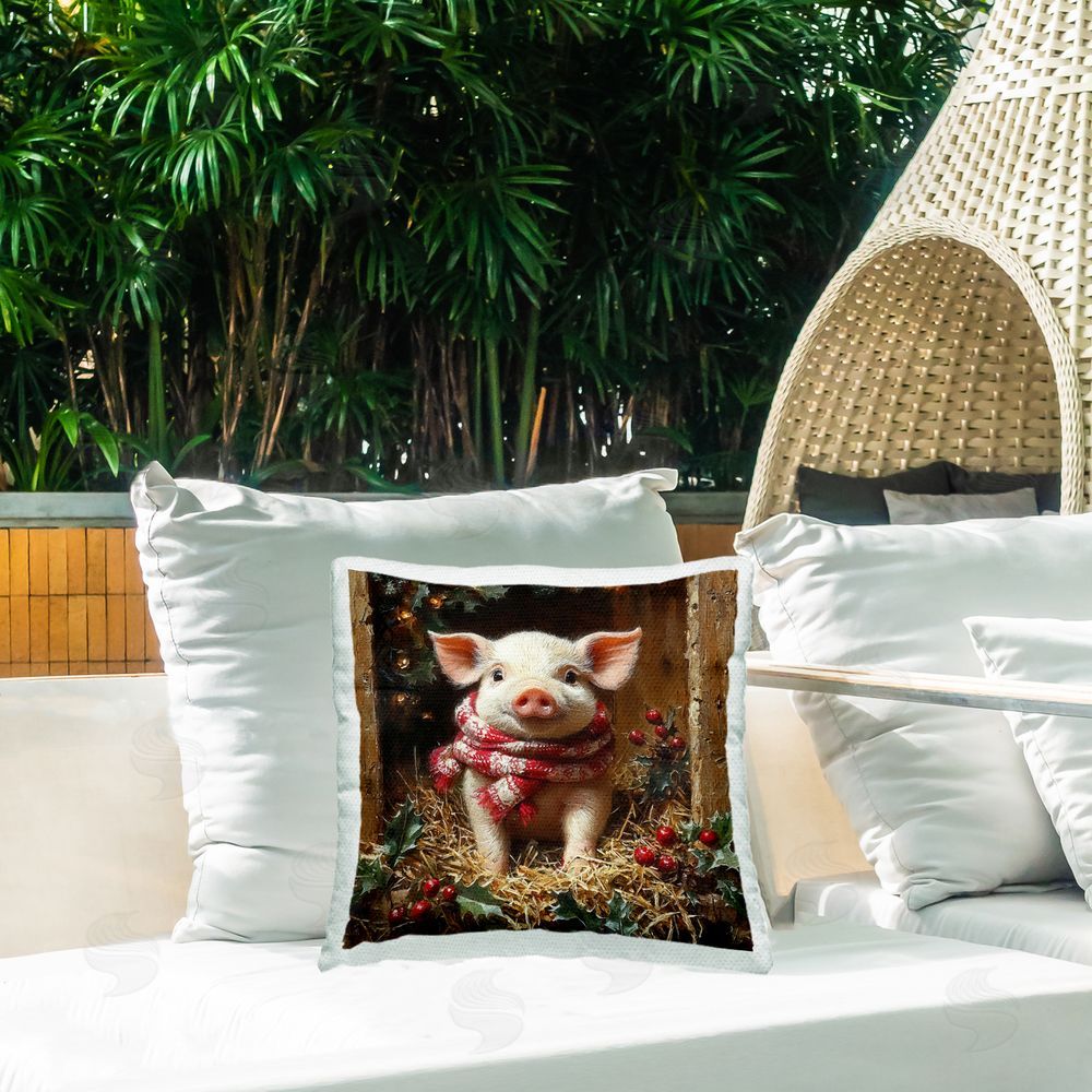 Riley B Pig with Holiday Garlands Outdoor Quick-Dry Polyester Printed Throw Pillow in Back Yard