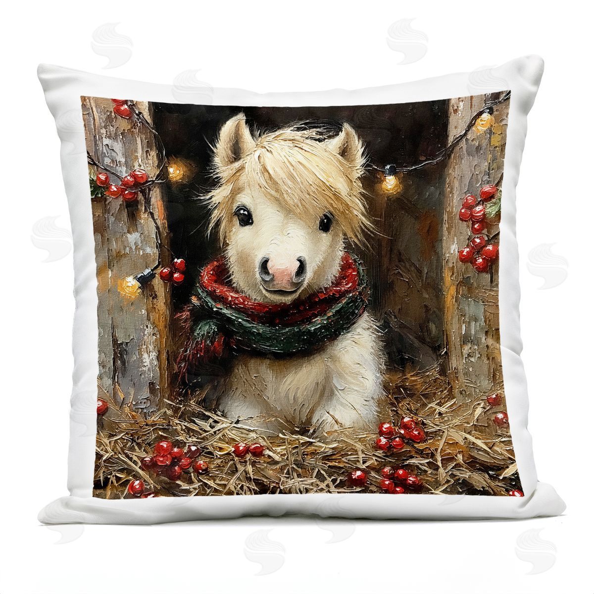Riley B Horse Foal with Holly & Lights Outdoor Quick-Dry Polyester Printed Throw Pillow