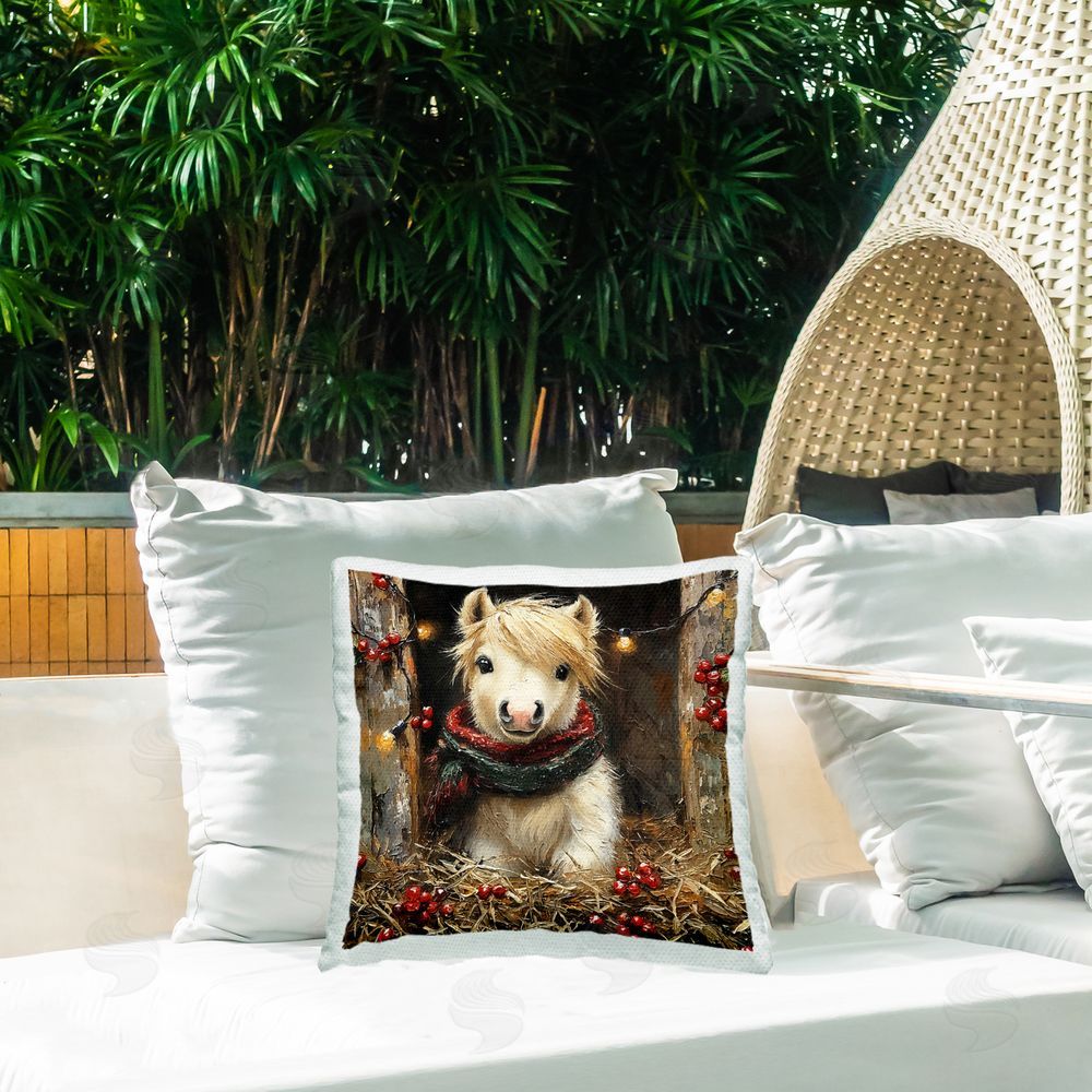 Riley B Horse Foal with Holly & Lights Outdoor Quick-Dry Polyester Printed Throw Pillow in Back Yard