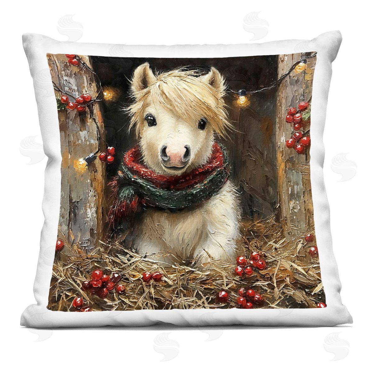 Riley B Horse Foal with Holly & Lights Printed Plush Polyester Throw Pillow