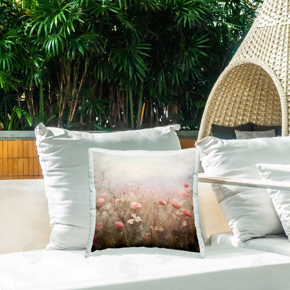 Arlington Prints Blooming Pink Meadow Flowers Outdoor Quick-Dry Polyester Printed Throw Pillow in Back Yard