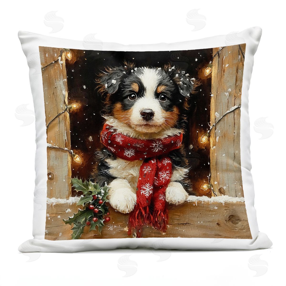 Riley B Snowy Christmas Lights Puppy Outdoor Quick-Dry Polyester Printed Throw Pillow