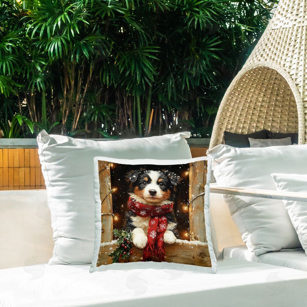 Riley B Snowy Christmas Lights Puppy Outdoor Quick-Dry Polyester Printed Throw Pillow in Back Yard