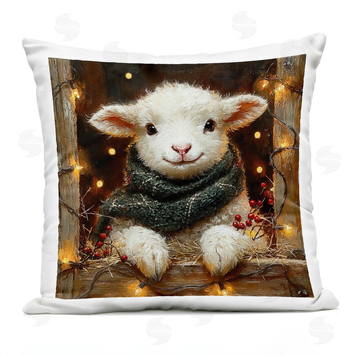 Riley B Festive Lamb with Holiday Lights Outdoor Quick-Dry Polyester Printed Throw Pillow