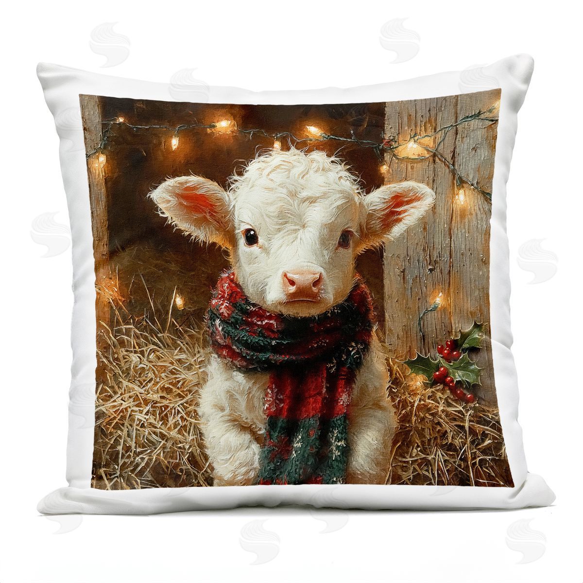 Riley B White Calf with Holiday Lights Outdoor Quick-Dry Polyester Printed Throw Pillow