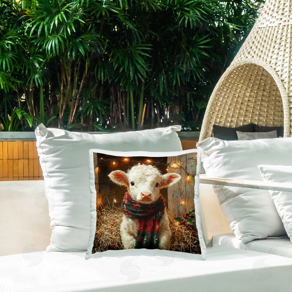 Riley B White Calf with Holiday Lights Outdoor Quick-Dry Polyester Printed Throw Pillow in Back Yard