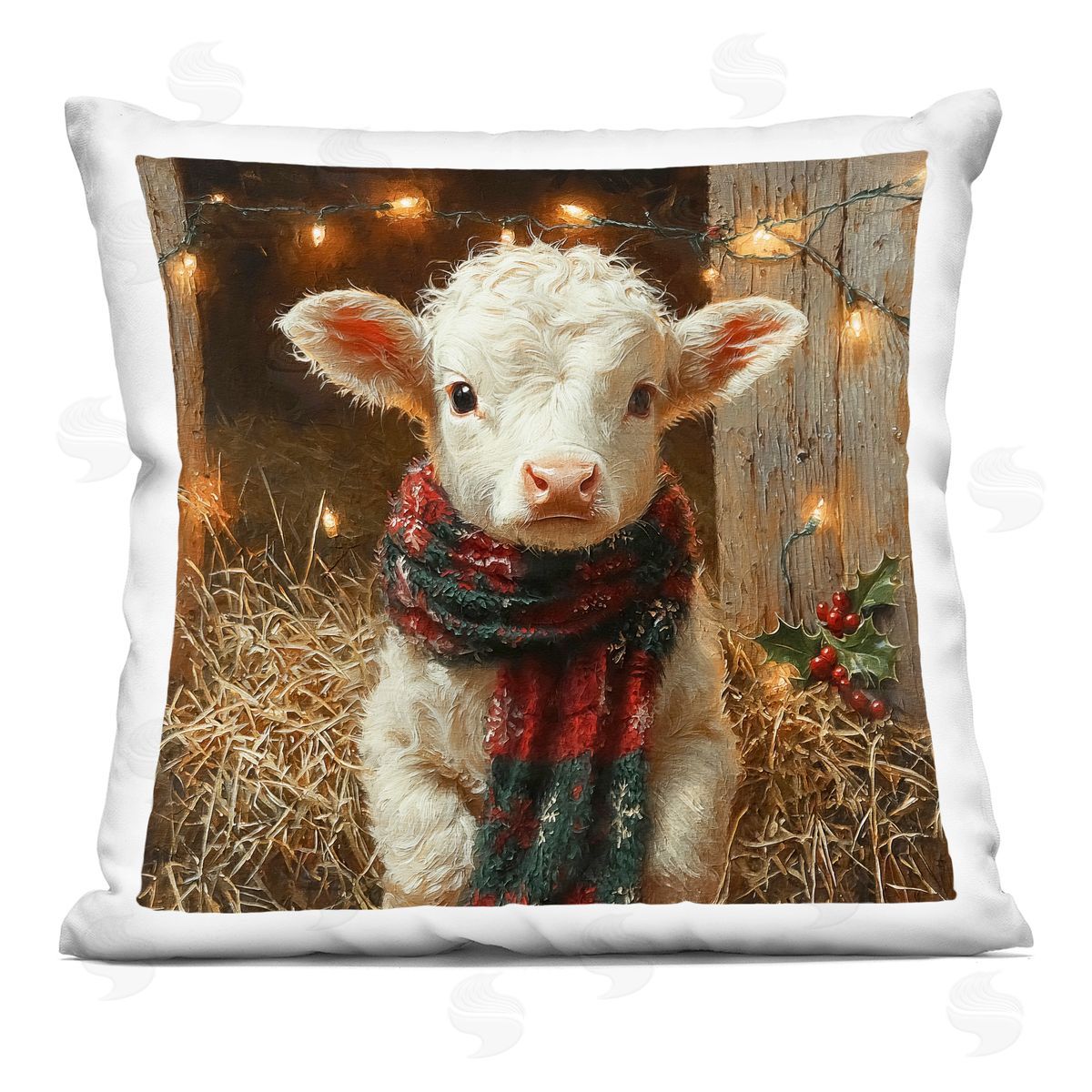 Riley B White Calf with Holiday Lights Printed Plush Polyester Throw Pillow