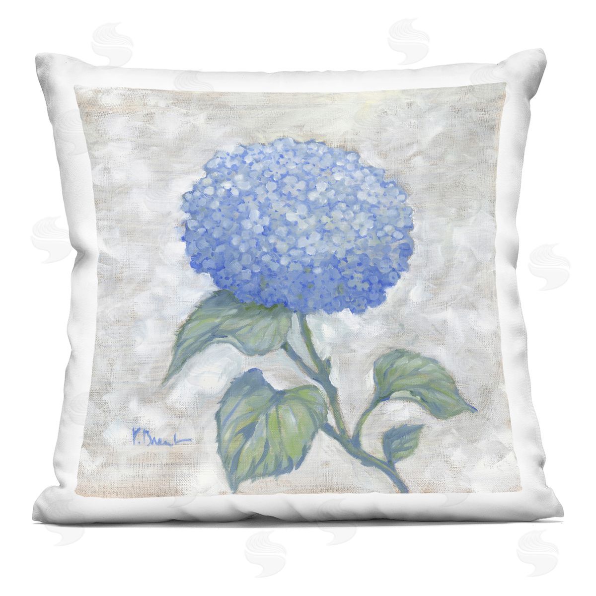 Paul Brent Round Blue Country Hydrangea Printed Plush Polyester Throw Pillow