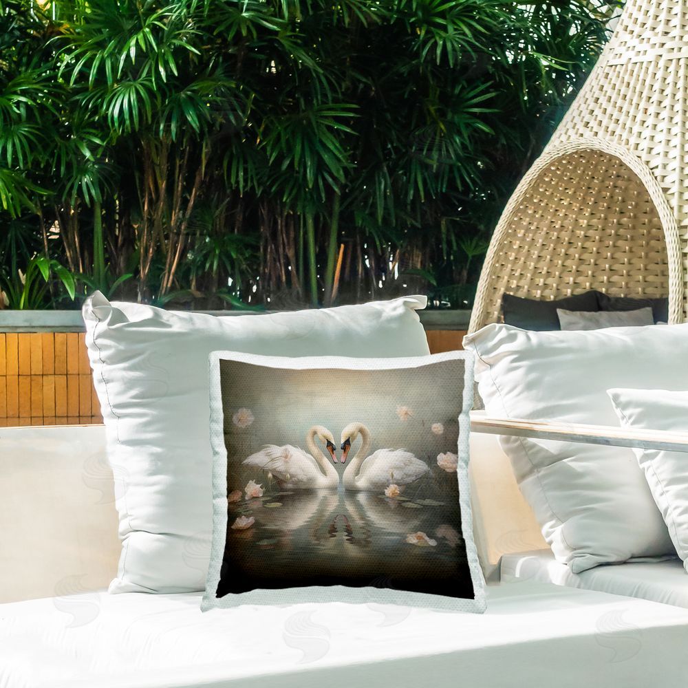 Arlington Prints Romantic Swans in Floral Pond Outdoor Quick-Dry Polyester Printed Throw Pillow in Back Yard
