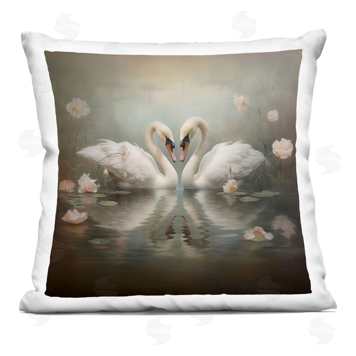 Arlington Prints Romantic Swans in Floral Pond Printed Plush Polyester Throw Pillow