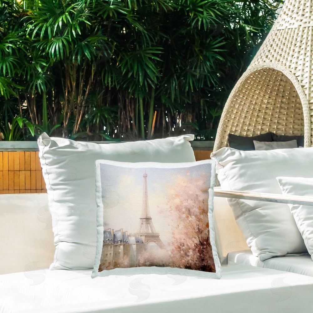 Arlington Prints Parisian Eiffel Tower Cityscape Outdoor Quick-Dry Polyester Printed Throw Pillow in Back Yard