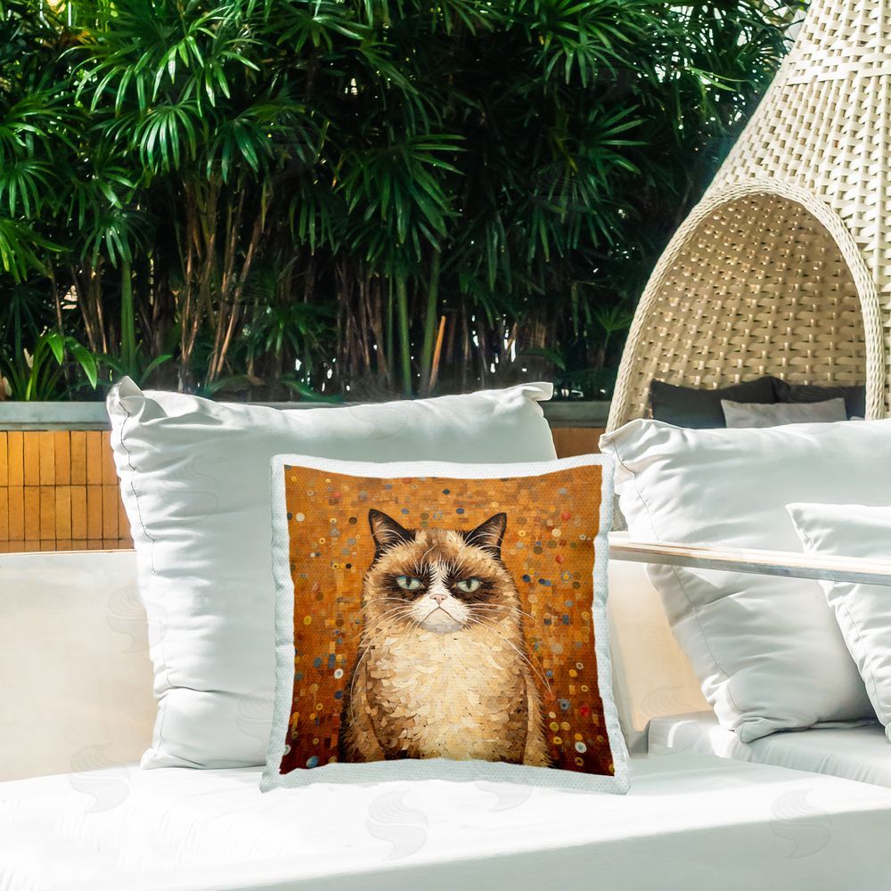 Arlington Prints Grouchy Cat in Classic Style Outdoor Quick-Dry Polyester Printed Throw Pillow in Back Yard