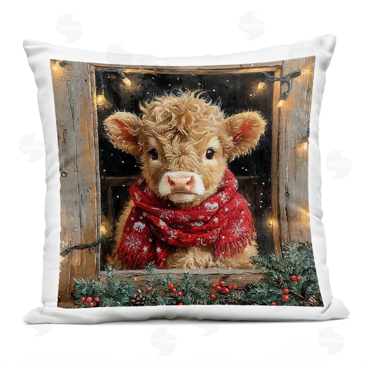 Riley B Calf with Holly & Lights Garland Outdoor Quick-Dry Polyester Printed Throw Pillow