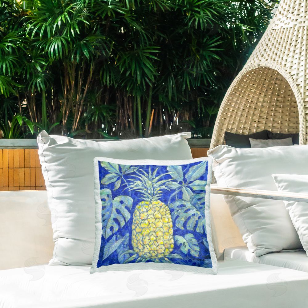 Paul Brent Tropical Pineapple on Blue Outdoor Quick-Dry Polyester Printed Throw Pillow in Back Yard