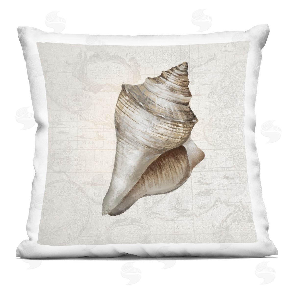 Conrad Knutsen Conch Shell over Vintage Map Printed Plush Polyester Throw Pillow