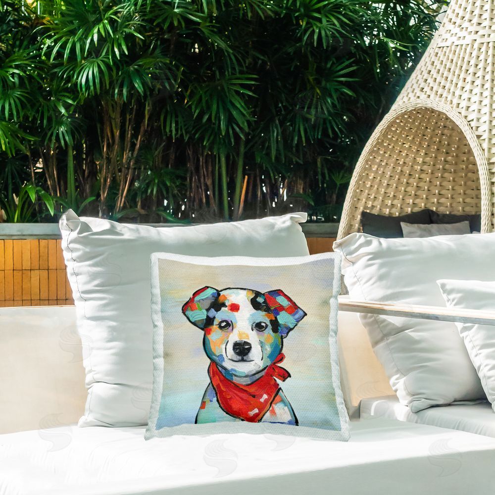Sally Swatland Dog Portrait with Red Bandana Outdoor Quick-Dry Polyester Printed Throw Pillow in Back Yard
