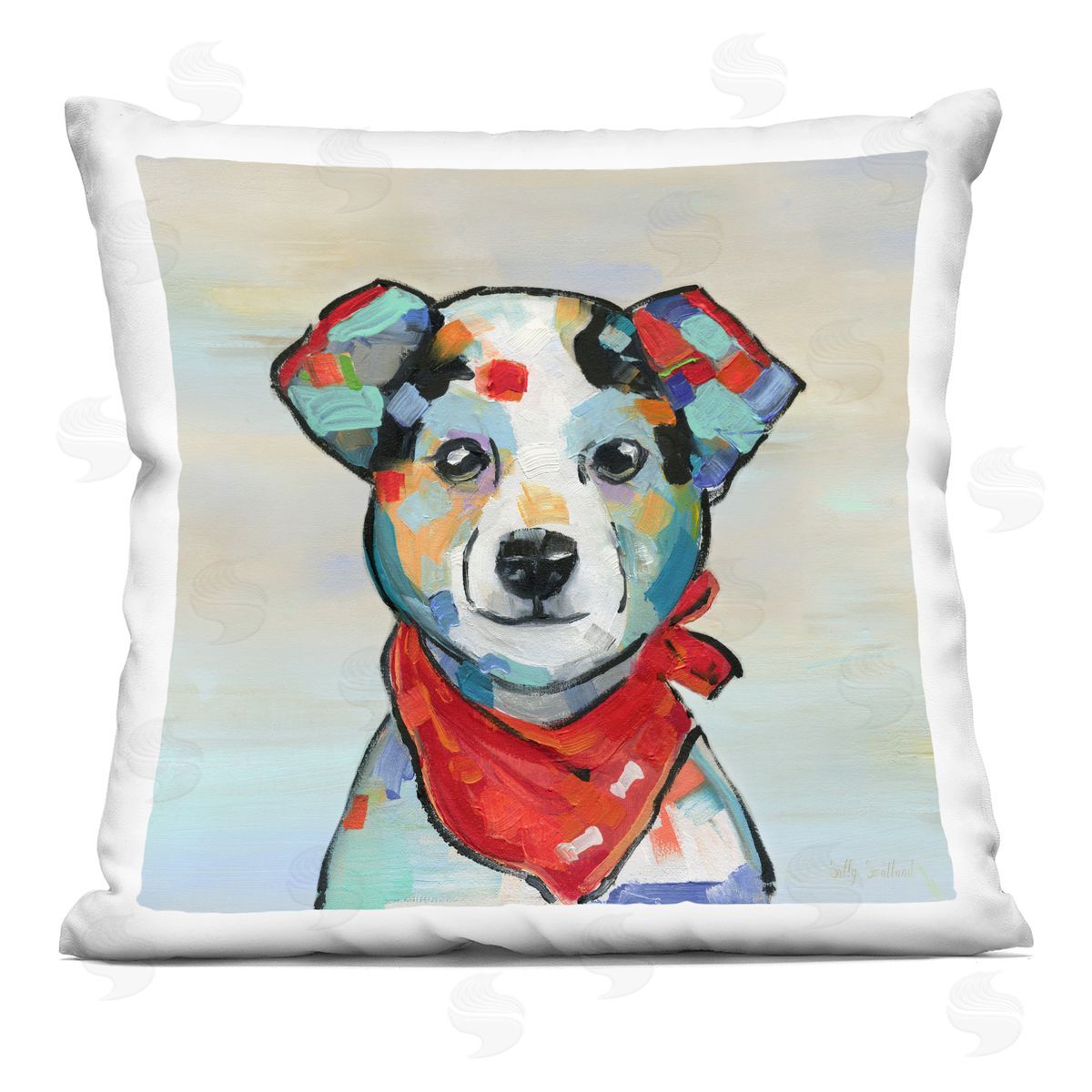 Sally Swatland Dog Portrait with Red Bandana Printed Plush Polyester Throw Pillow