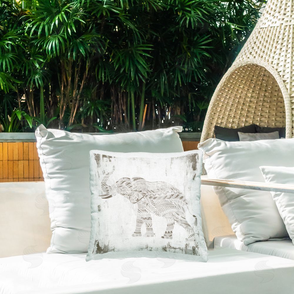 Janet Tava Boho Stripes Elephant Outdoor Quick-Dry Polyester Printed Throw Pillow in Back Yard