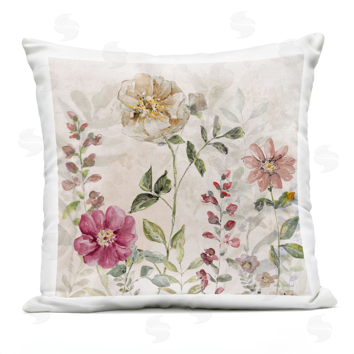 Sally Swatland Flowers in Soft Earth Tones Outdoor Quick-Dry Polyester Printed Throw Pillow
