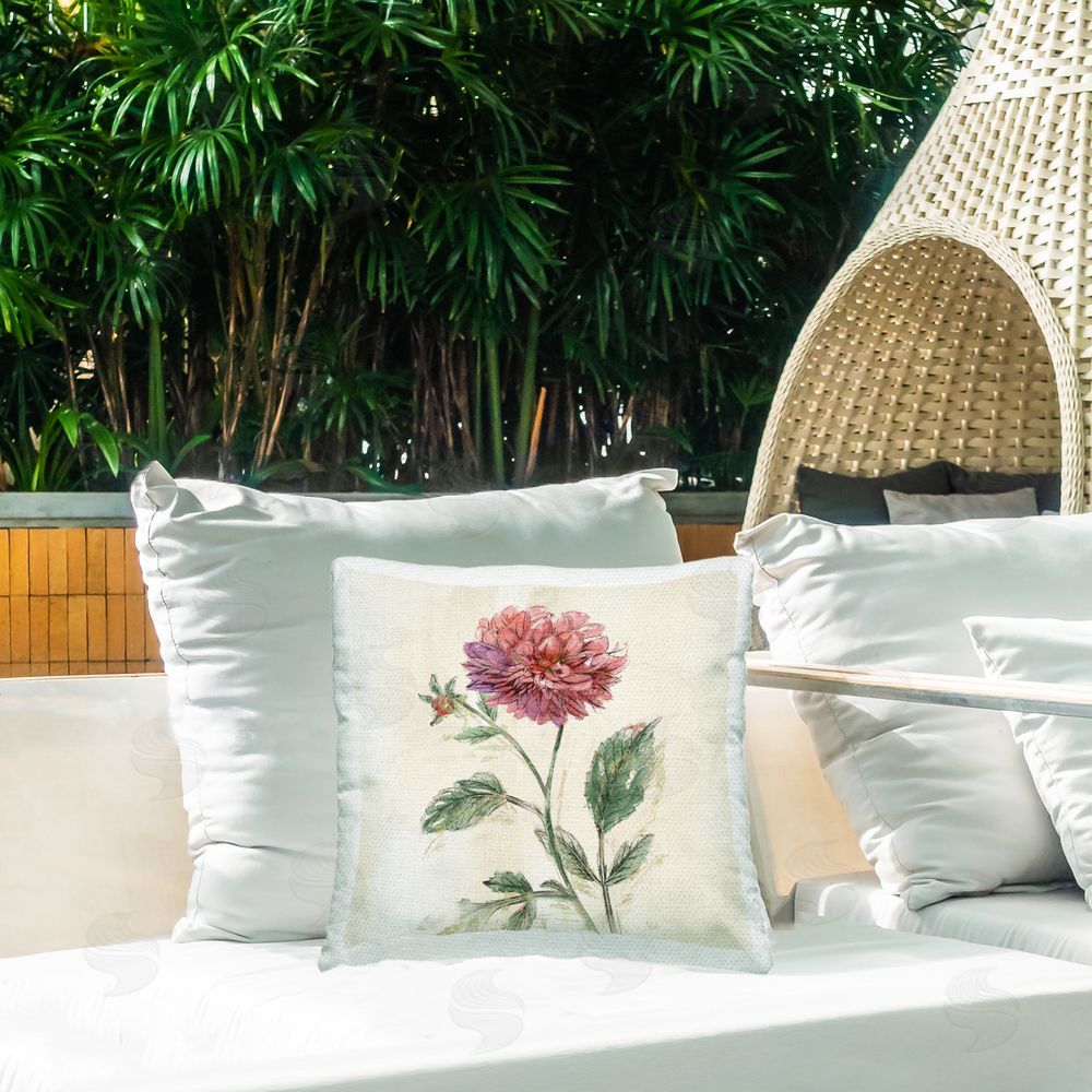 Nan Pink Traditional Dahlia Bulb Outdoor Quick-Dry Polyester Printed Throw Pillow in Back Yard