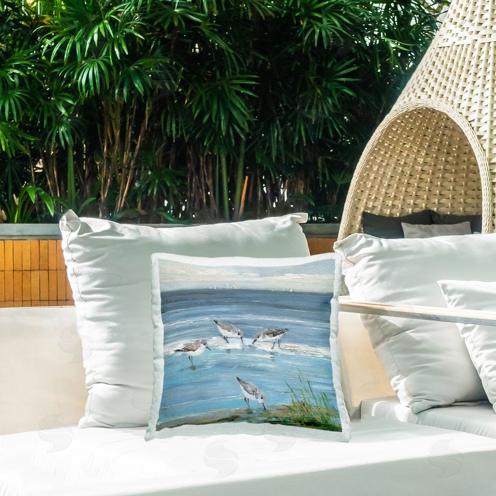 Sally Swatland Relaxed Sandpipers on Shore Outdoor Quick-Dry Polyester Printed Throw Pillow in Back Yard