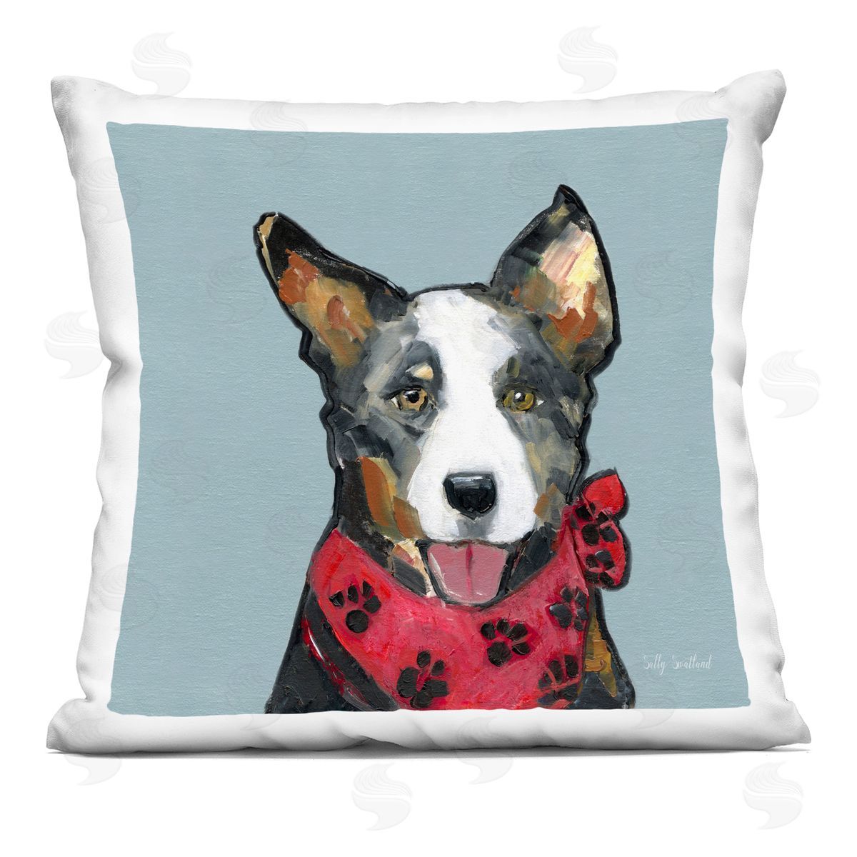 Sally Swatland Dog with Paw Bandana Printed Plush Polyester Throw Pillow