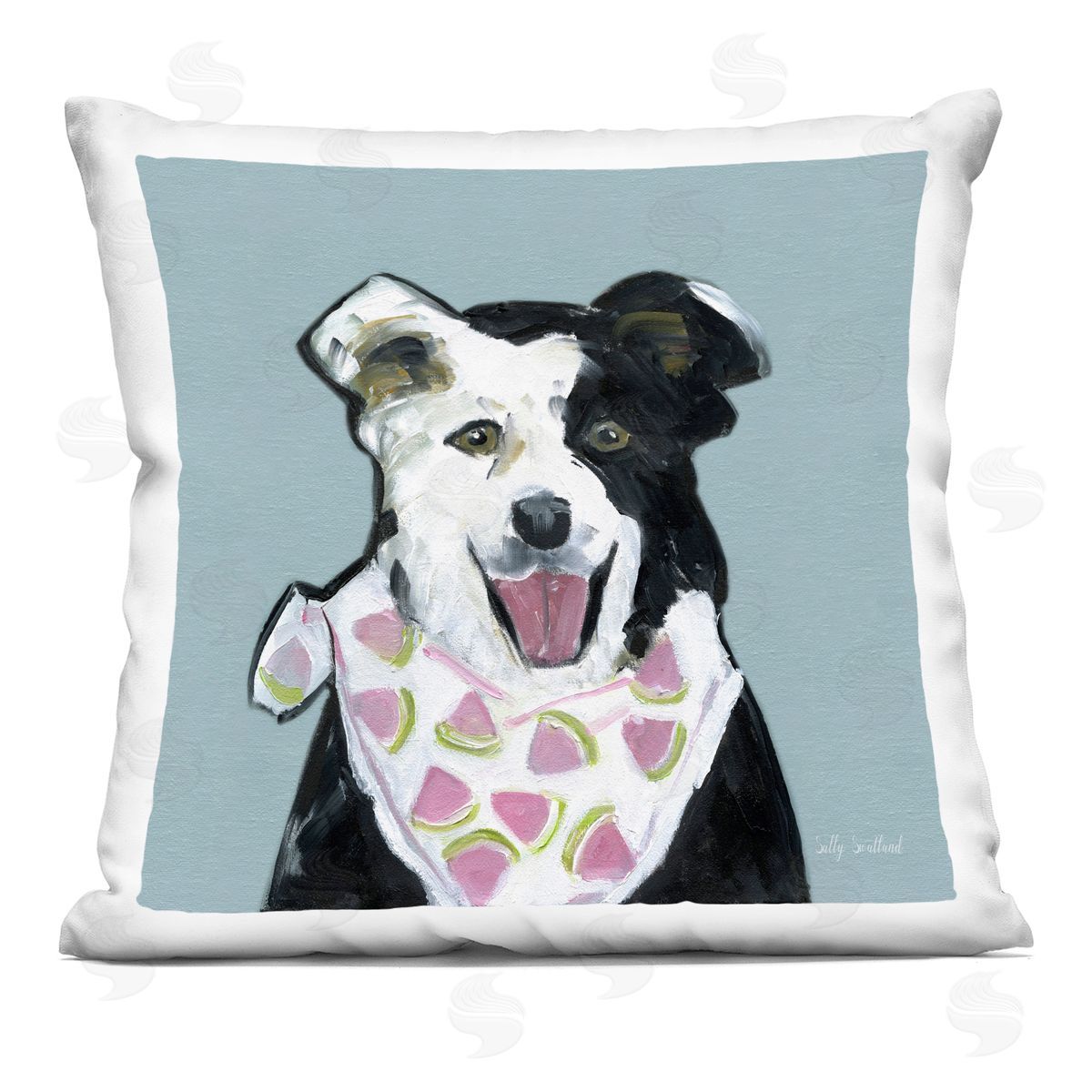Sally Swatland Dog with Watermelon Bandana Printed Plush Polyester Throw Pillow