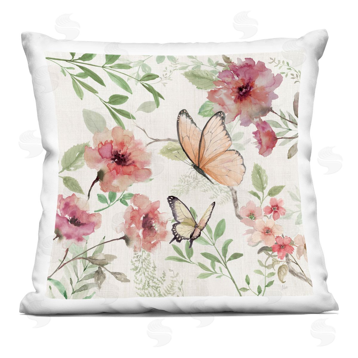Nan Butterflies over Wild Cottage Flowers Printed Plush Polyester Throw Pillow