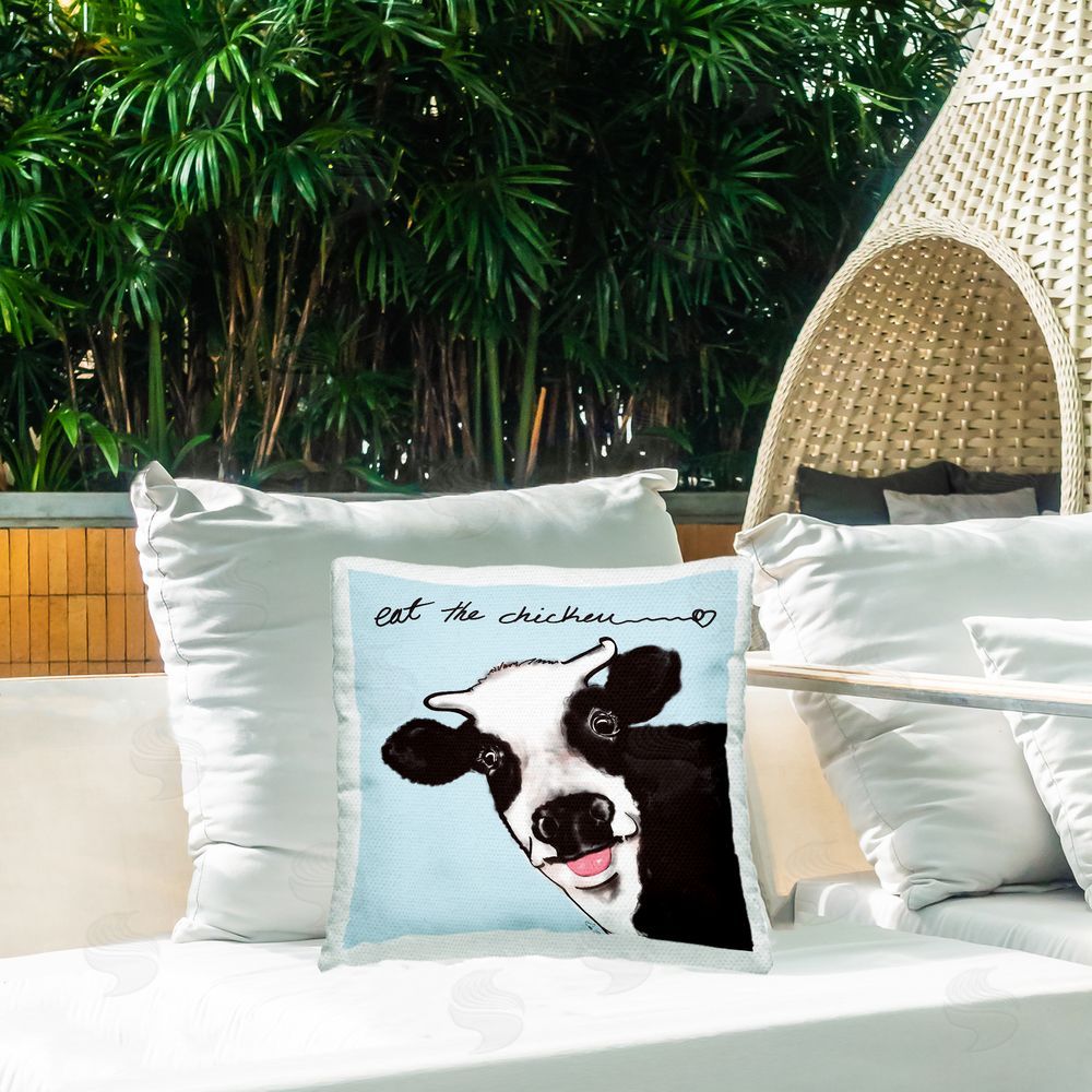 Stella Chang Eat The Chicken Funny Cow Outdoor Quick-Dry Polyester Printed Throw Pillow in Back Yard