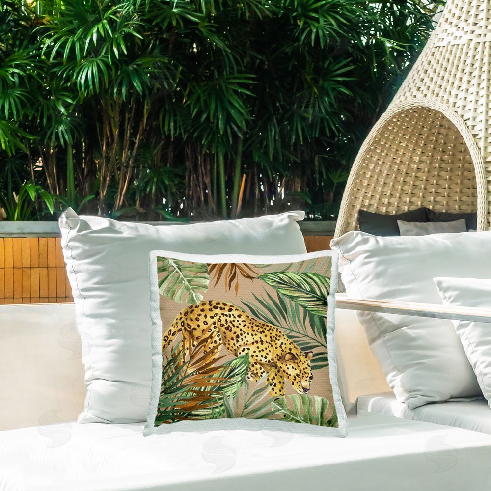 Janet Tava Palm Leaves Surrounding Leopard Outdoor Quick-Dry Polyester Printed Throw Pillow in Back Yard