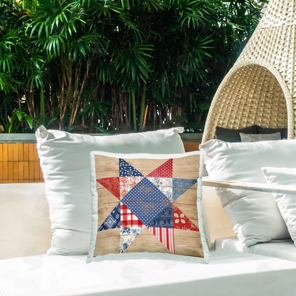 Susan Arnot Rustic Americana Quilt Pattern Outdoor Quick-Dry Polyester Printed Throw Pillow in Back Yard