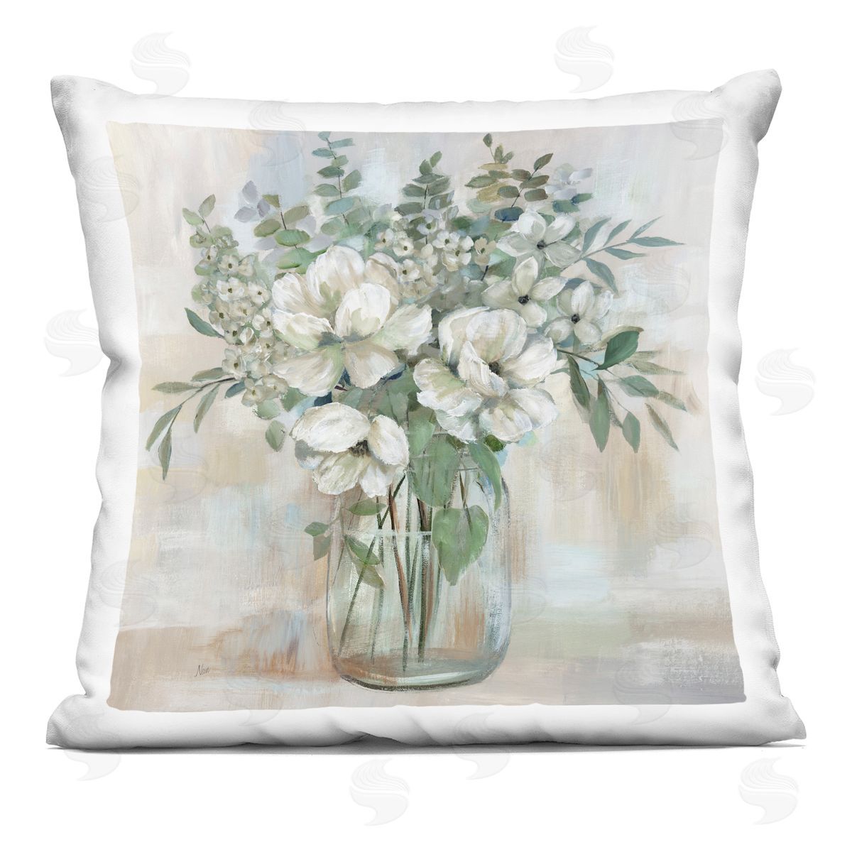 Nan Lively Flower Vase in Green Tones Printed Plush Polyester Throw Pillow