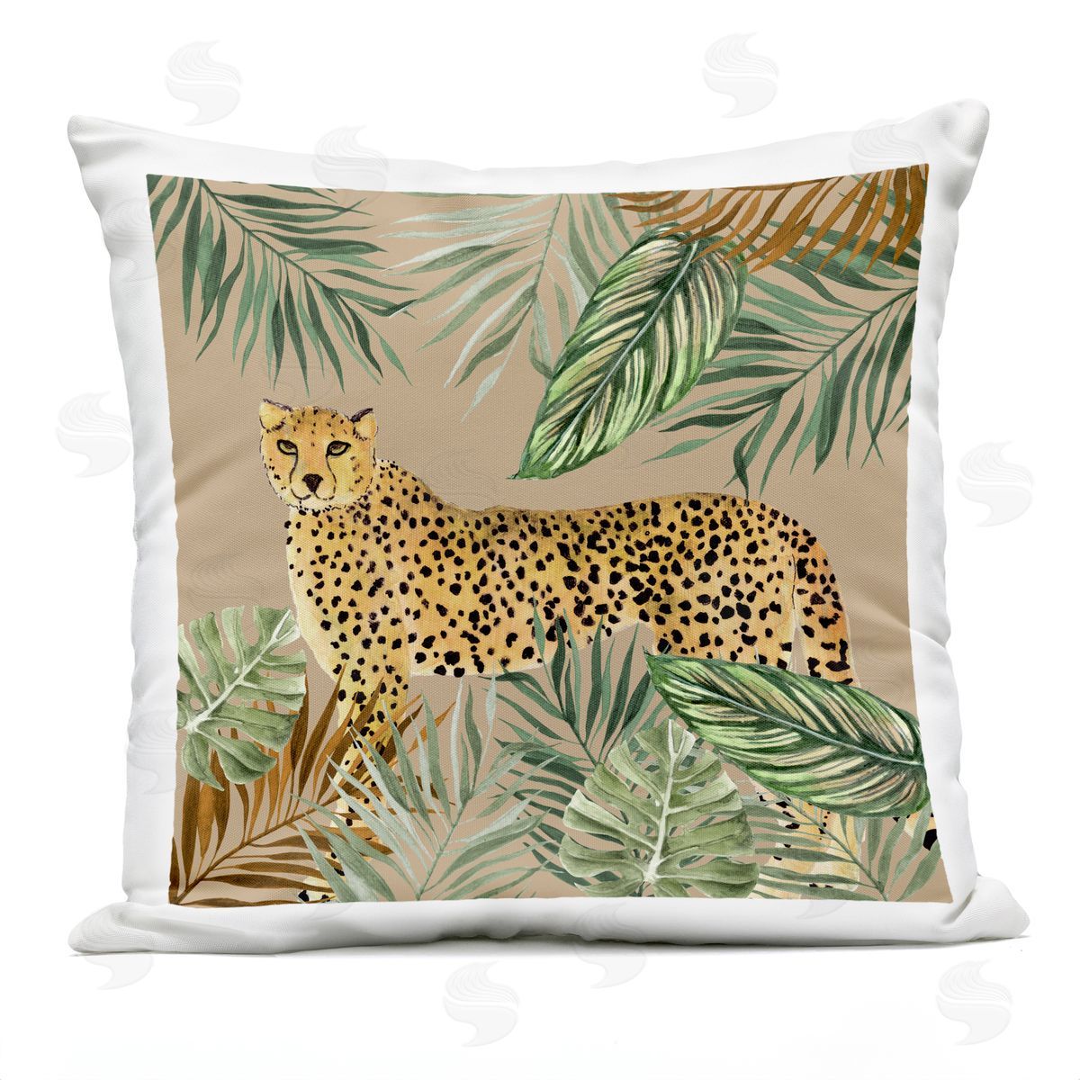 Janet Tava Palm Leaves Around Leopard Outdoor Quick-Dry Polyester Printed Throw Pillow