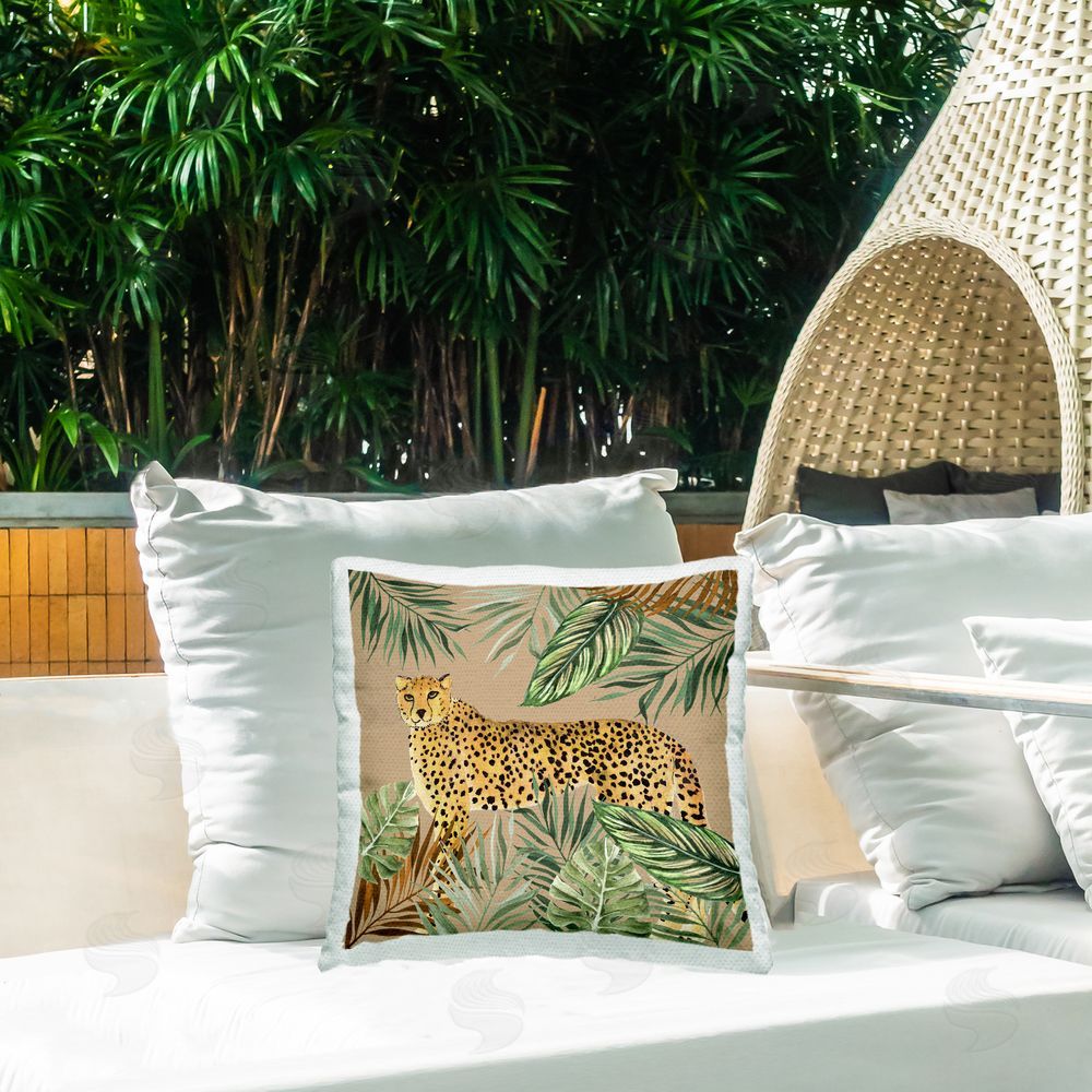 Janet Tava Palm Leaves Around Leopard Outdoor Quick-Dry Polyester Printed Throw Pillow in Back Yard