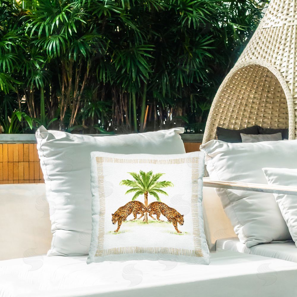 Janet Tava Symmetrical Stepping Cheetahs Outdoor Quick-Dry Polyester Printed Throw Pillow in Back Yard