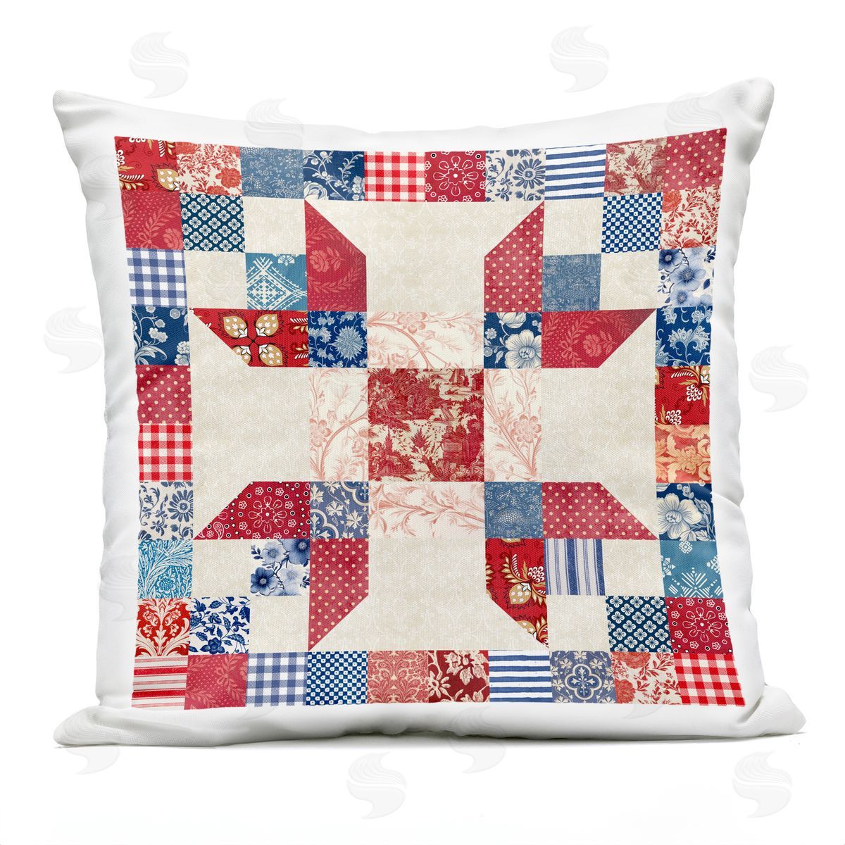 Susan Arnot Red & Blue Traditional Quilt Pattern Outdoor Quick-Dry Polyester Printed Throw Pillow