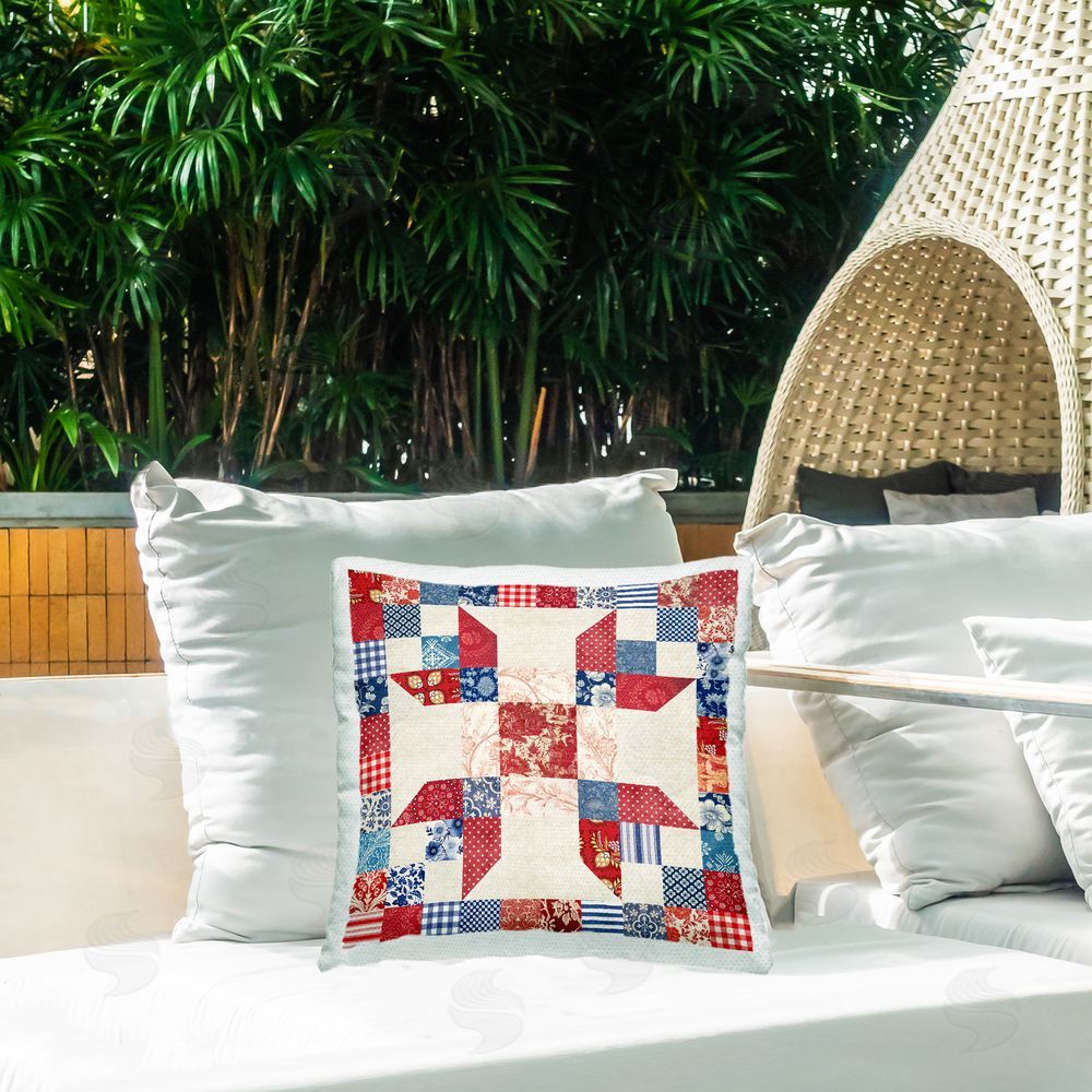 Susan Arnot Red & Blue Traditional Quilt Pattern Outdoor Quick-Dry Polyester Printed Throw Pillow in Back Yard